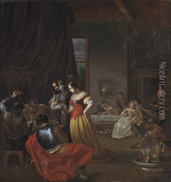 An Interior With Elegant Figures Playing Backgammon And Others Merrymaking Oil Painting - Jacob Ochtervelt