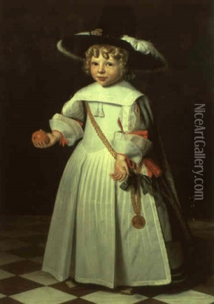 Portrait Of A Young Child Wearing A Black Dress Holding An Orange Oil Painting - Dirck Dircksz van Santvoort