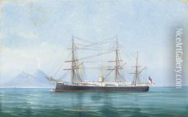 An Armoured Cruiser Lying In The Bay Of Naples Oil Painting - Antonio de Simone