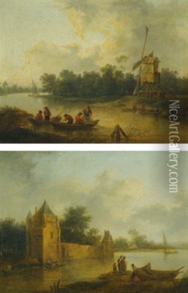 River Landscape With A Windmill (+ River Landscape With A Fortified House; Pair) Oil Painting - Christian Hilfgott Brand