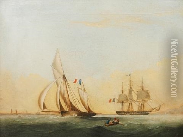 A French Lugger Bearing Away From A French Frigate Hove-to In A Bay Oil Painting - Nicholas Matthew Condy
