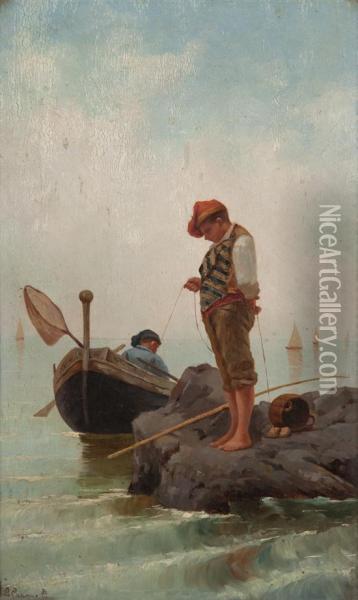 Two Boys Fishing Oil Painting - Gaetano Capone