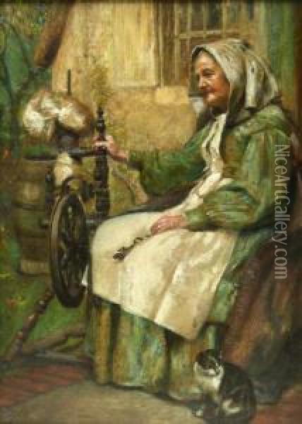 Lady Spinning By The Cottage Door Oil Painting - James Charles