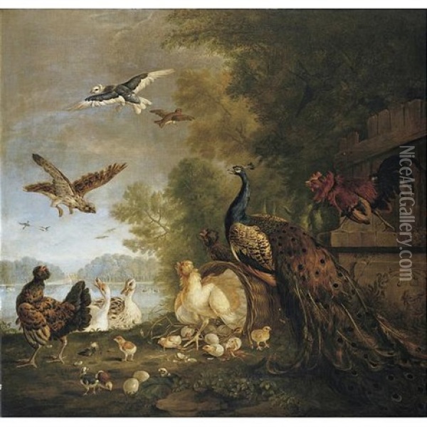 A Company Of Birds In A Parkland Setting, Including A Peacock, Hens And Their Chicks Oil Painting - Pieter Casteels III