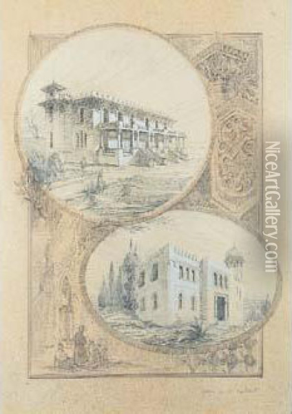 Deux Villas Orientales A Beyrouth.vers 1923. Crayon Noir Et Rehauts De Craie Blanche. Oil Painting - Raoul-Jacques Brandon
