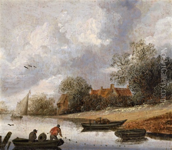 Flusslandschaft Mit Anglern Oil Painting - Jacob Van Der Croos