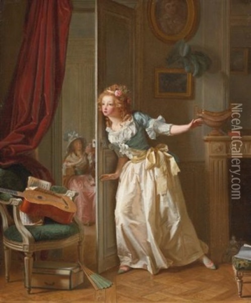 Young Girl Listening To A Conversation Between Two Lovers Oil Painting - Michel Garnier
