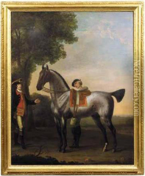 A Grey Hunter With A Groom Oil Painting - John Wootton