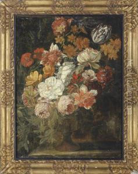 A Parrot Tulip, Roses, Carnations And Other Flowers In A Vase On A Ledge Oil Painting - Jan Van Huysum