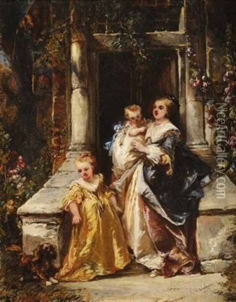 Mere Et Ses Enfants Sur Le Perron De La Demeure Oil Painting - Louis-Gabriel-Eugene Isabey