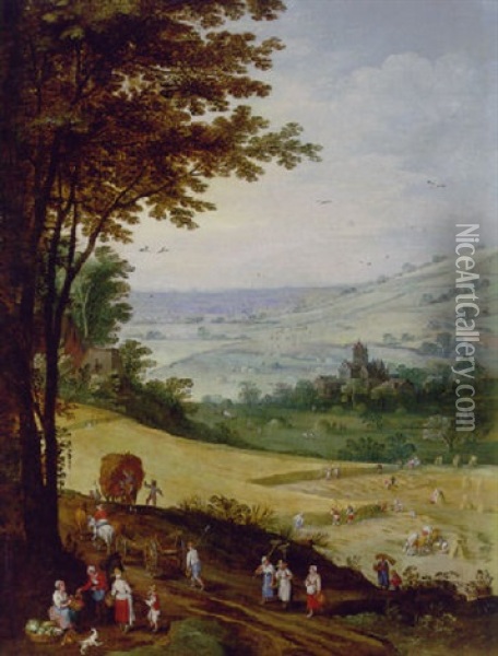 Peasants Harvesting, An Extensive Landscape With A Church Beyond Oil Painting - Jan Brueghel the Elder
