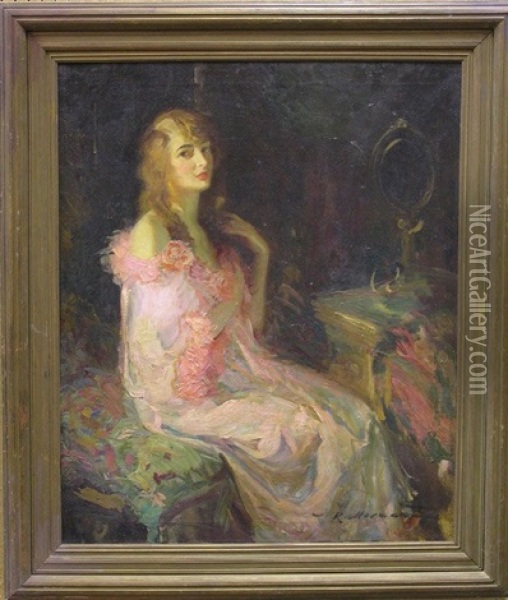 Woman In A Pink Robe Oil Painting - Walter G. Ratterman