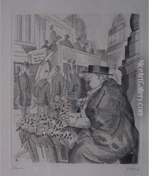 Marchande De Fleurs De Piccadilly / Piccadilly Flower Girl. 1927 Oil Painting - Jean Emile Laboureur