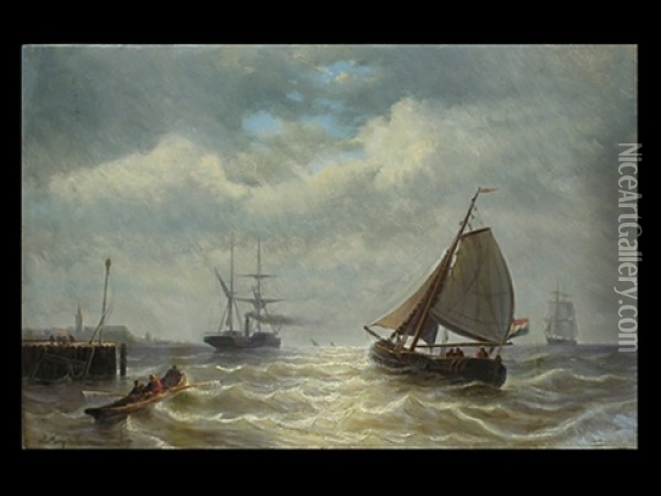 Segler Und Dampfsegler An Der Kuste Oil Painting - Johan Hendrik Meyer