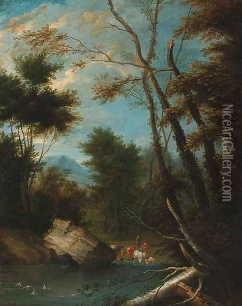 A wooded landscape with shepherds watering cattle and sheep at a pool Oil Painting - Pieter Bout