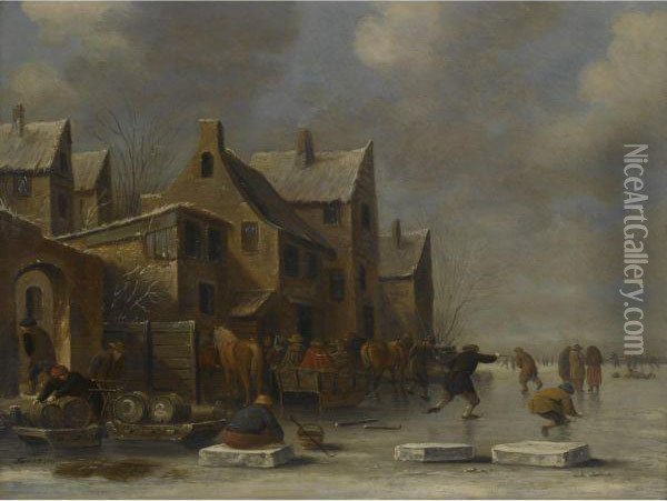 A Winter Landscape With A 
Resting Kolf Player And Other Figures Skating On A Frozen River Oil Painting - Thomas Heeremans