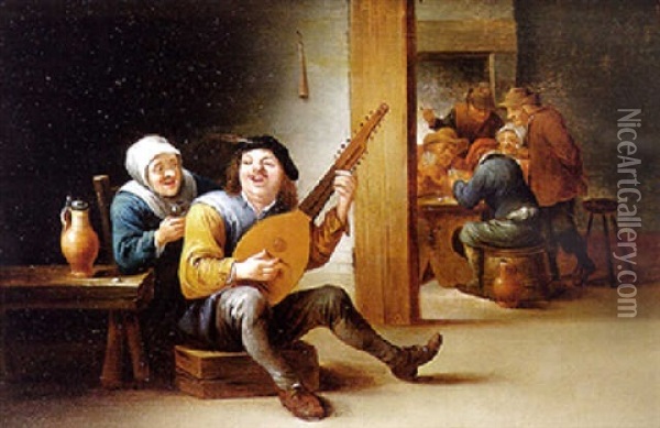 Interieur D'auberge Avec Musicien Et Joueurs De Cartes Oil Painting - Thomas Van Apshoven
