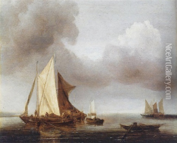 A Calm: Smalschepen At Anchor On A Cloudy Day Oil Painting - Jan Van De Cappelle