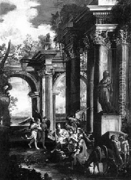 A Capriccio Of Ruins With The Rest On The Flight Into Rgypt Oil Painting - Alberto Carlieri