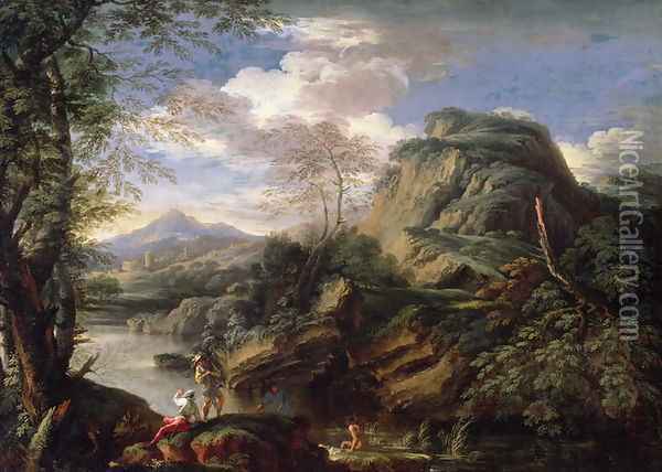 Mountain Landscape with Figures and a Man Bathing Oil Painting - Salvator Rosa
