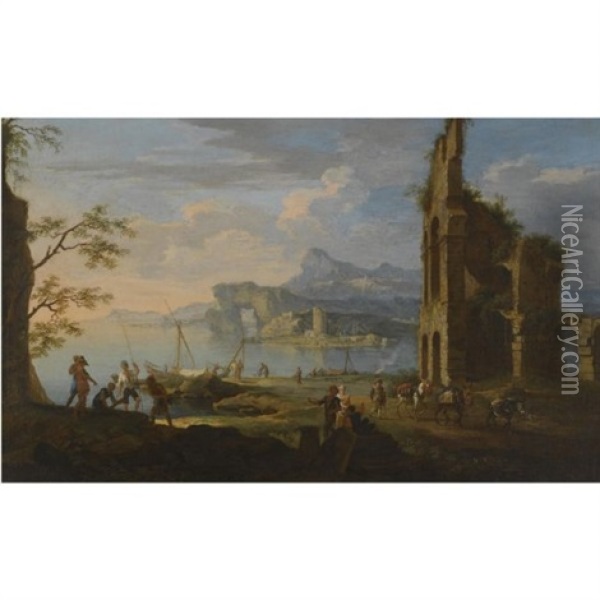 A Mediterranean Harbour Scene With Ruins And Figures Unloading Cargo In The Foreground Oil Painting - Jacob De Heusch