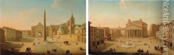 Roma, Piazza Del Popolo (+ Roma, Veduta Di Piazza Del Pantheon; 2 Works) Oil Painting - Giacomo van (Monsu Studio) Lint