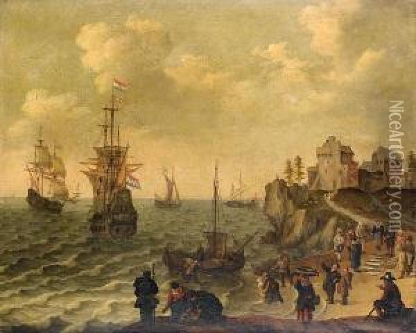 Fishermen With Their Catch On The Shore, Shipping At Anchor Beyond Oil Painting - Isaac Willaerts