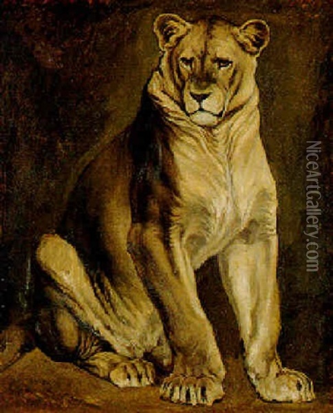Lionne Assise Oil Painting - Antoine-louis Barye