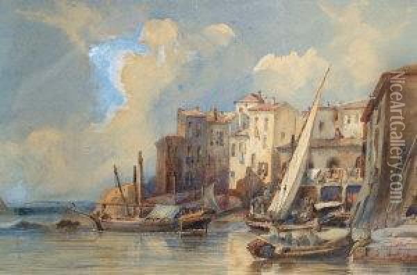 Mediterranean Harbour Scene; Watercolour, Signed With Initials Anddated 1844, 16x24.5cm Oil Painting - Charles Calvert