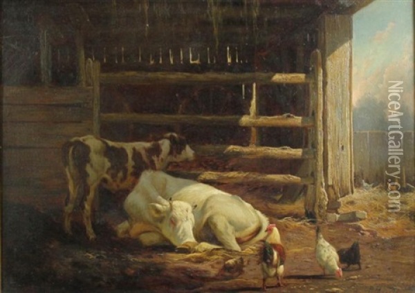 Cows In A Barn Oil Painting - Peter Moran