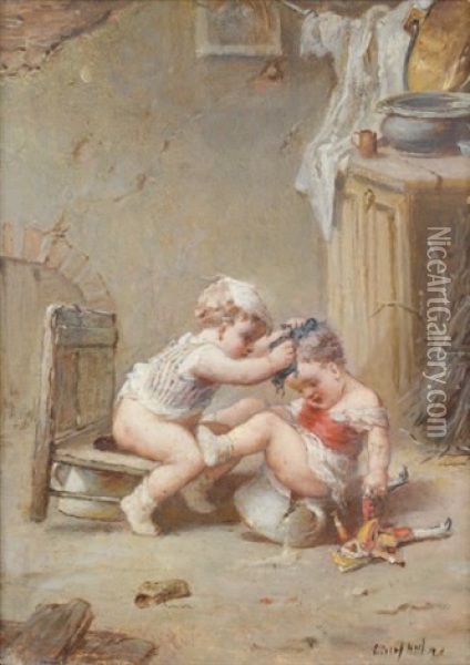 La Dispute A L'heure Du Pot Oil Painting - Francois-Louis Lanfant