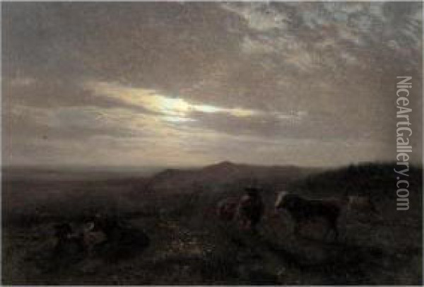 Study Of Cows By Moonlight Oil Painting - Henry William Banks Davis, R.A.