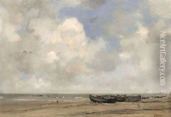 Moored Boats On Scheveningen Beach Oil Painting - Jacob Henricus Maris