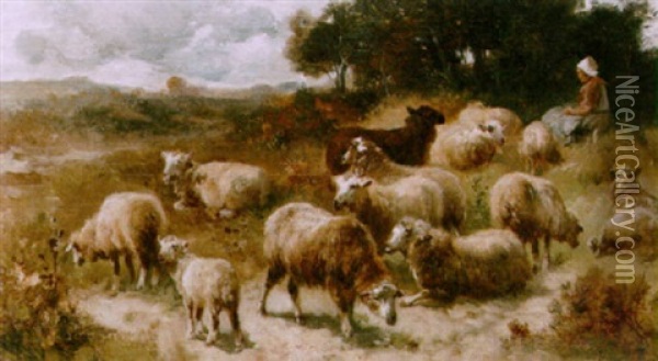 A Shepherd Watching The Sheep Oil Painting - Henry Schouten