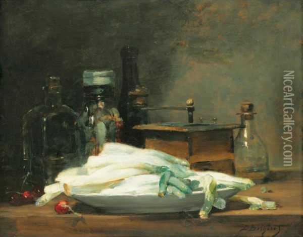 Le Plat D'asperges [ ; Still Life With Asparagus ; Oil On Cardboard ; Signed Lower Right D Bergeret ; Stamped Bernheim Jeune Expert On The Reverse] Oil Painting - Denis Pierre Bergeret