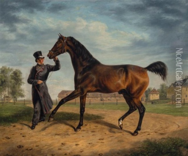 A Horse With His Groom In Fancy Dress Oil Painting - Rudolf Kuntz