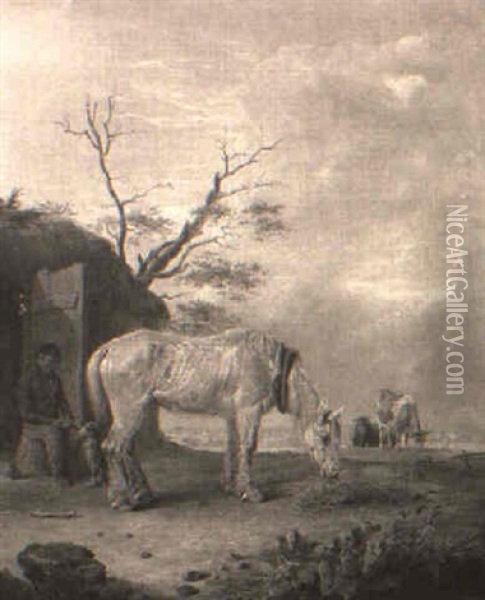 Horses Grazing Outside A Thatched Cottage Oil Painting - Edmund Bristow