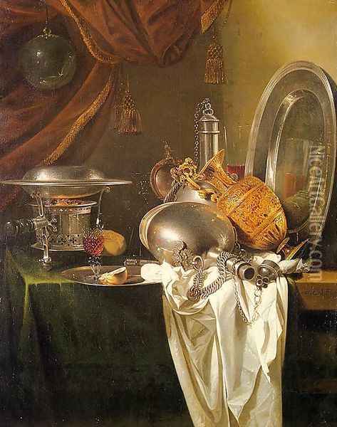 Still Life with Chafing Dish, Pewter, Gold, Silver, and Glassware Oil Painting - Willem Kalf