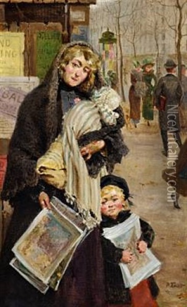 A Young Mother And Her Children Are Selling Journals On A Parisian Boulevard Oil Painting - Antoine Auguste Thivet