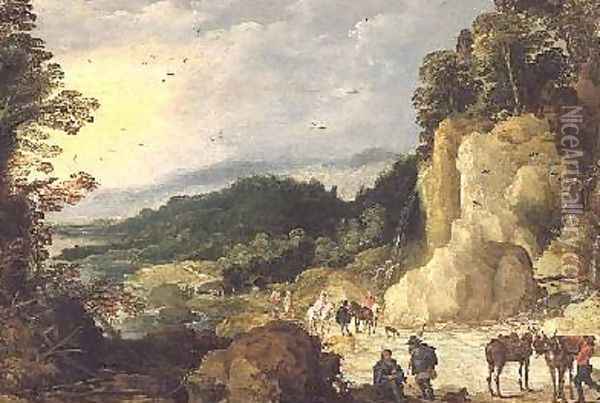 A Mountain Landscape with a Waterfall and Travellers at a Ford Oil Painting - Josse de Momper