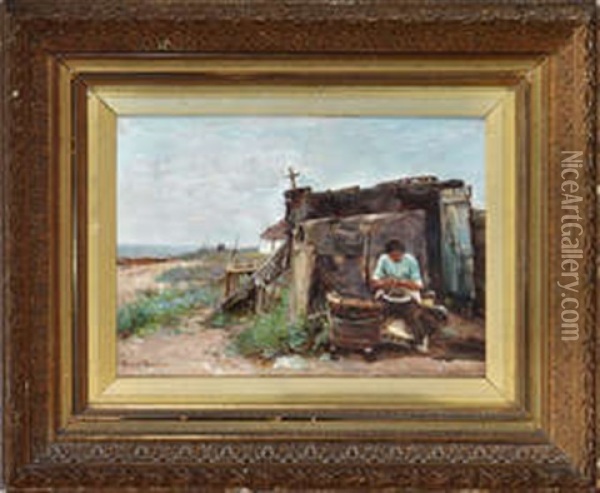 A Fisherwoman Seated By A Smoke House On A Beach Oil Painting - James Herbert Snell