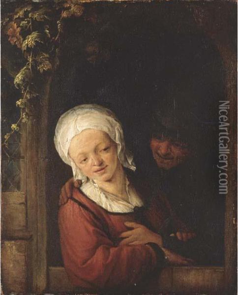 An Amorous Couple At A Cottage Door Oil Painting - Adriaen Jansz. Van Ostade