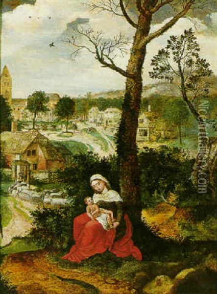The Madonna And Child In A Wooded Landscape, A Village Scene Behind Oil Painting - Pieter Coecke van Aelst the Elder