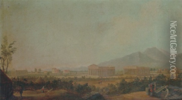 A View Of Paestum, With Grand Tourists In The Foreground Oil Painting - Antonio Joli