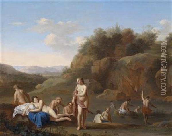 Bathing Nymphs By A River Oil Painting - Jan van Haensbergen