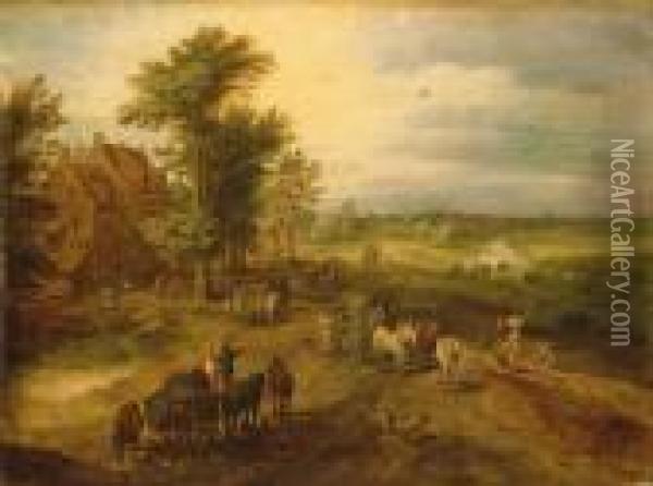 Dorflandschaft Mitreisenden Und Bauern Oil Painting - Jan The Elder Brueghel