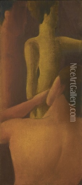 Ruckenakt Mit Zwei Figuren (nude Seen From Behind With Two Figures) Oil Painting - Oskar Schlemmer