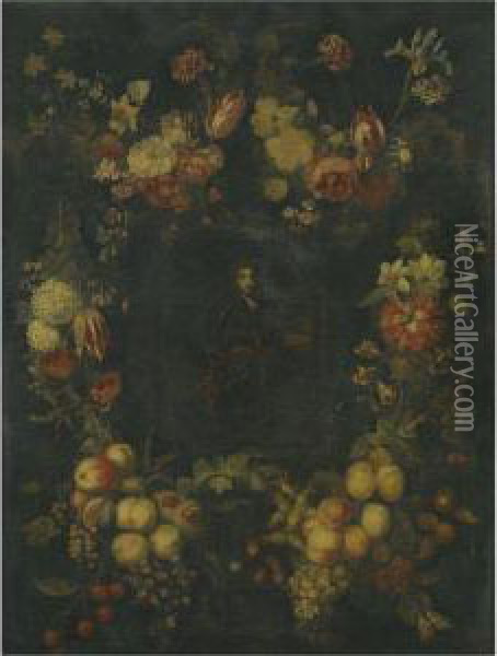 Portrait Of A Gentleman In Armour Surrounded By Festoons Of Fruitand Flowers Oil Painting - Catherina Ykens