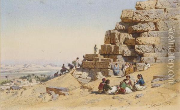 Des Orientaux Devant Une Pyramide, Un Village Et Un Paysage Demontagne A L'arriere-plan Oil Painting - Carl Friedrich H. Werner