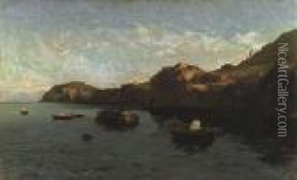 Pescatori E Barche Sotto Costa Oil Painting - Achille Vertunni